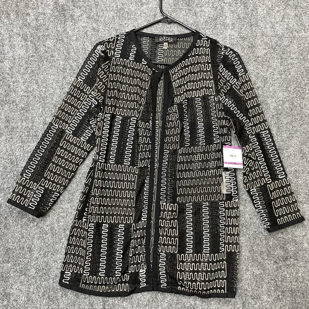 Kasper Open Front Top Jacket Sheer Mesh 3/4 Sleeve Scroll Embroidery Black 2X